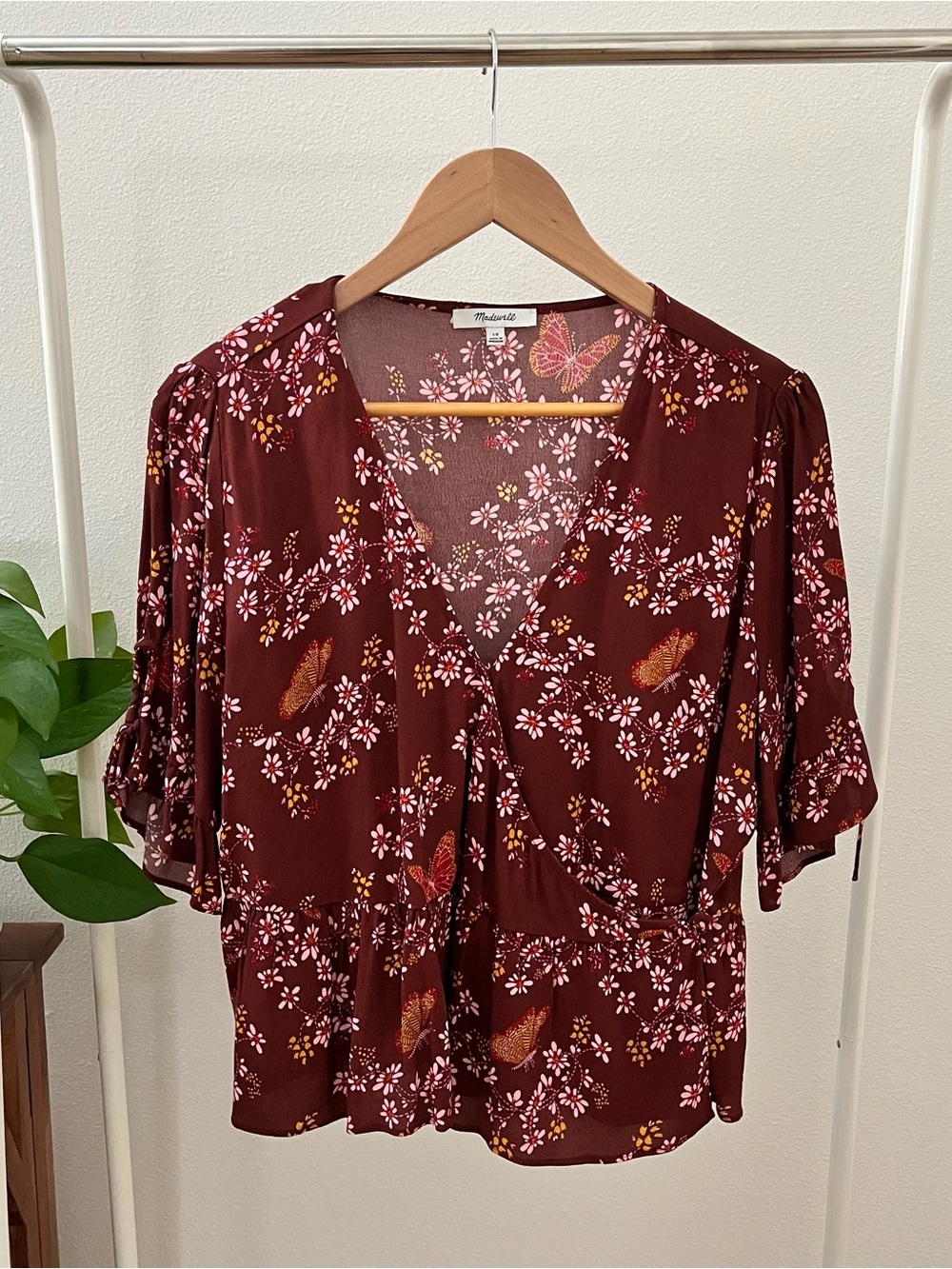 Madewell Burgandy, Floral Wrap Top, Size 10